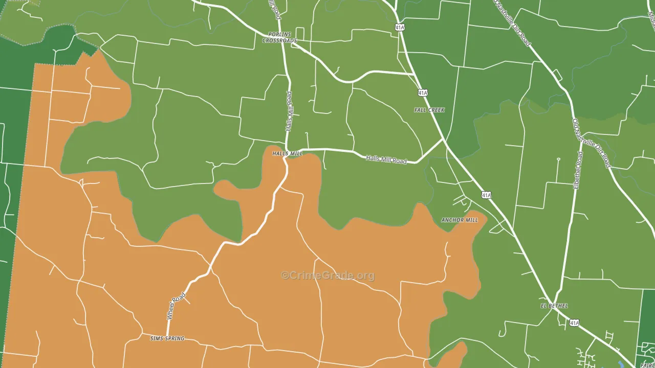 Halls Mill, TN Map of Vehicle Theft Rates
