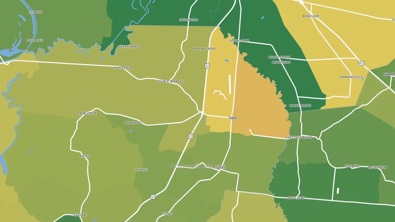 Halls, TN Map of Vehicle Theft Rates