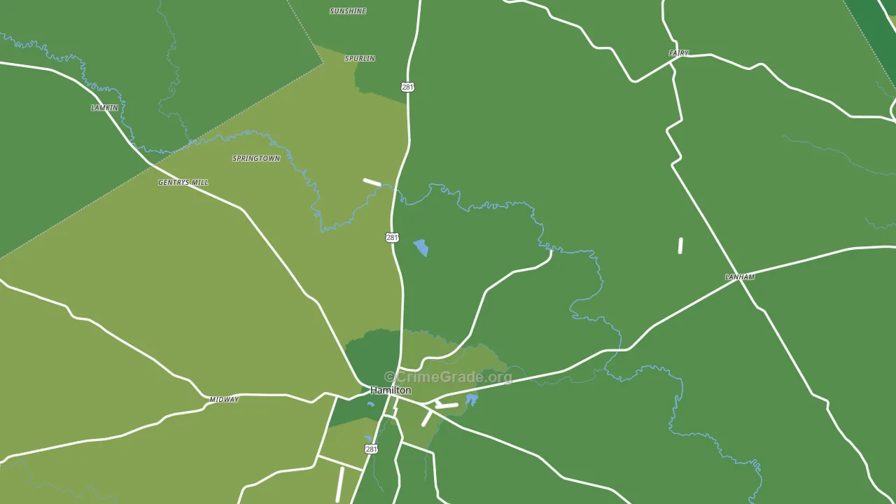 Hamilton County, TX Map of Vehicle Theft Rates
