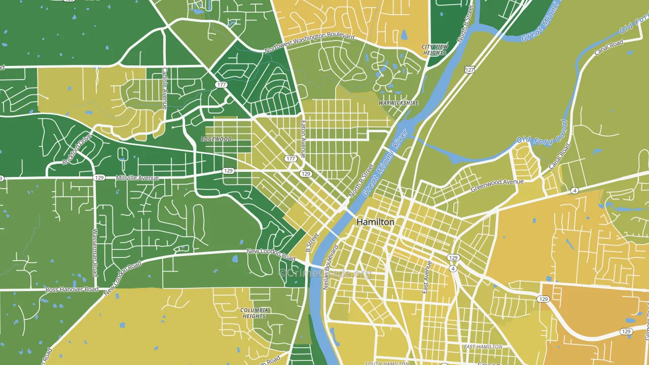 Hamilton Main Street Historic District, Hamilton, OH Map of Vehicle Theft Rates