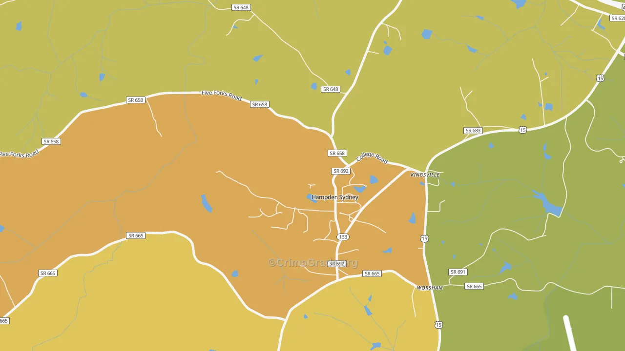 Hampden-Sydney, VA Map of Vehicle Theft Rates