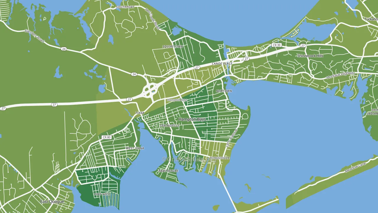 Hampton Bays, NY Map of Vehicle Theft Rates