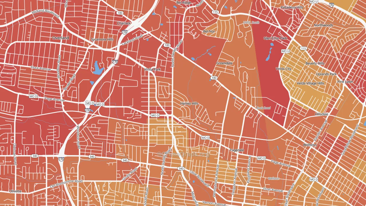 Hanley Hills, MO Map of Vehicle Theft Rates