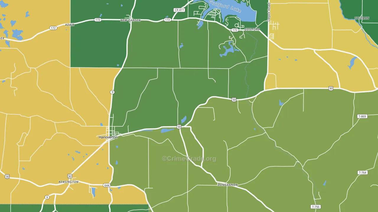 Hanoverton, OH Map of Vehicle Theft Rates