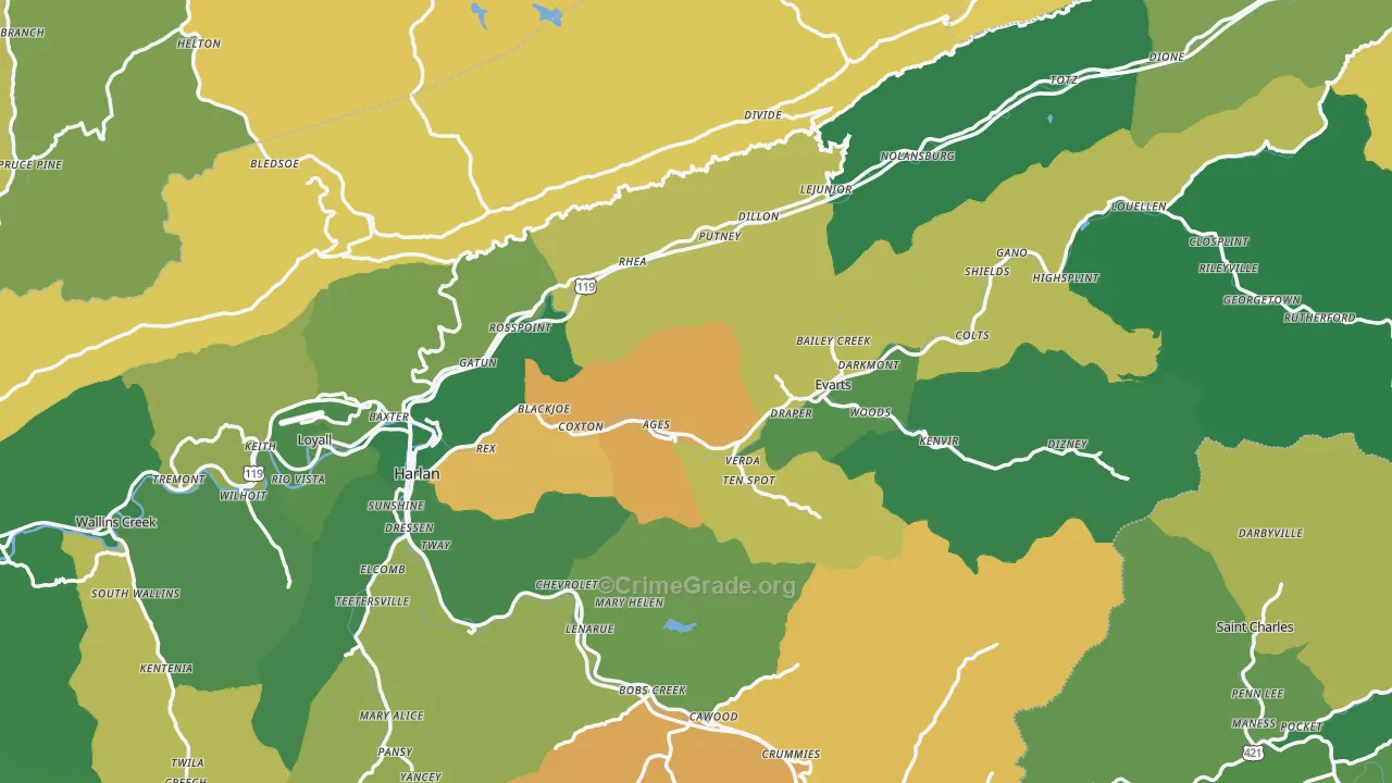 Harlan County, KY Map of Vehicle Theft Rates