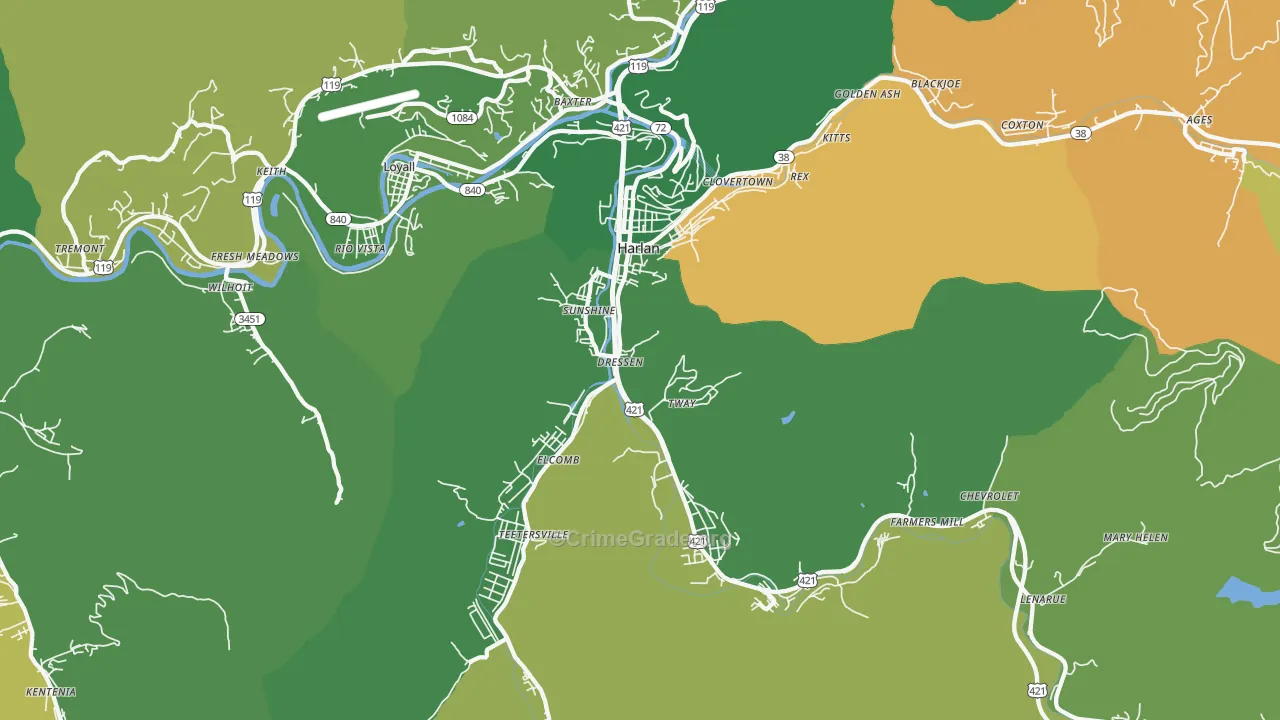 Harlan, KY Map of Vehicle Theft Rates
