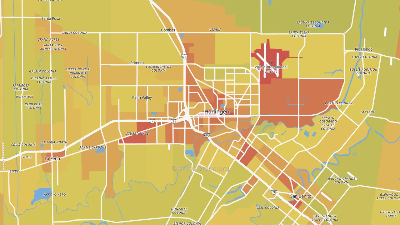 Harlingen, TX Map of Vehicle Theft Rates