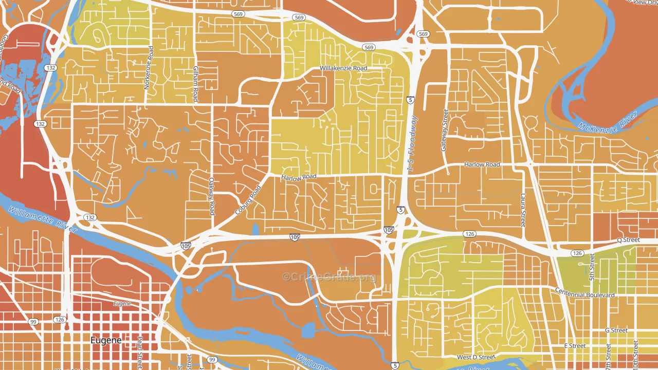 Harlow, Eugene, OR Map of Vehicle Theft Rates