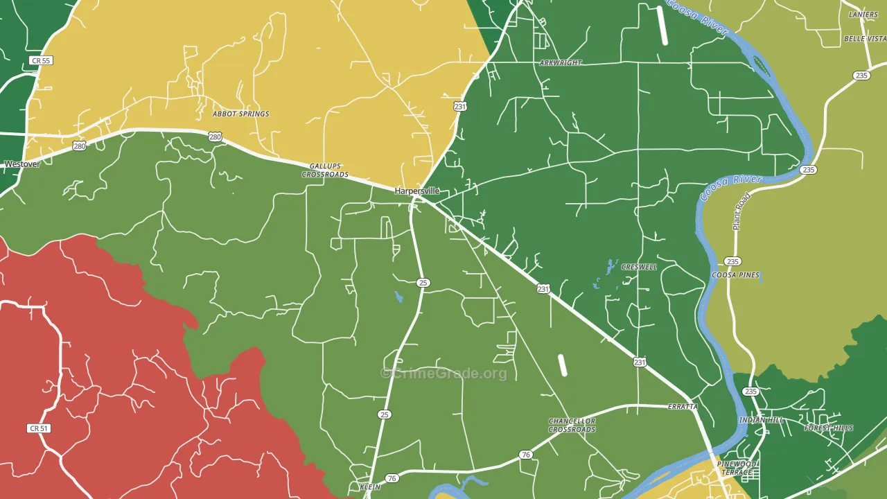 Harpersville, AL Map of Vehicle Theft Rates
