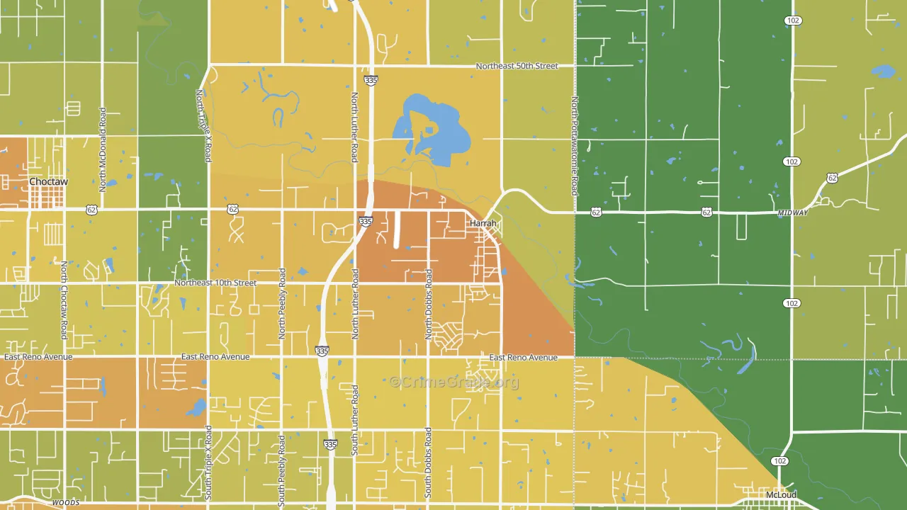 Harrah, OK Map of Vehicle Theft Rates