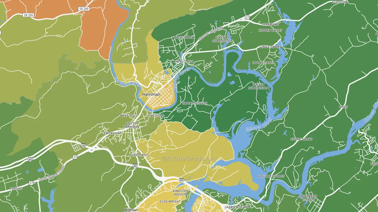 Harriman, TN Map of Vehicle Theft Rates