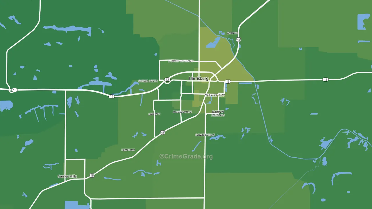 Harrisburg, IL Map of Vehicle Theft Rates
