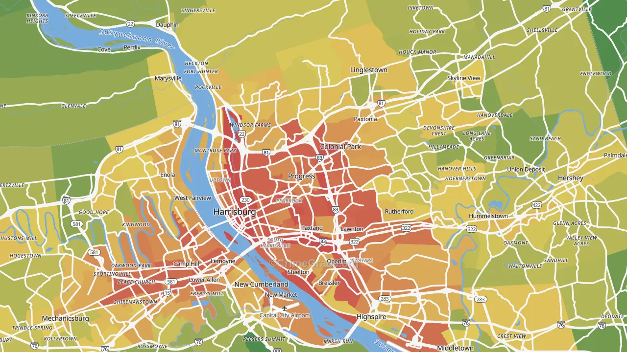 Harrisburg, PA Map of Vehicle Theft Rates