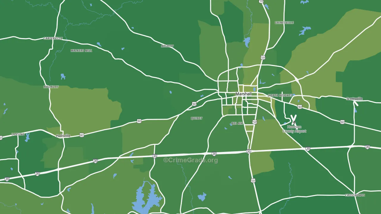 Harrison County, TX Map of Vehicle Theft Rates