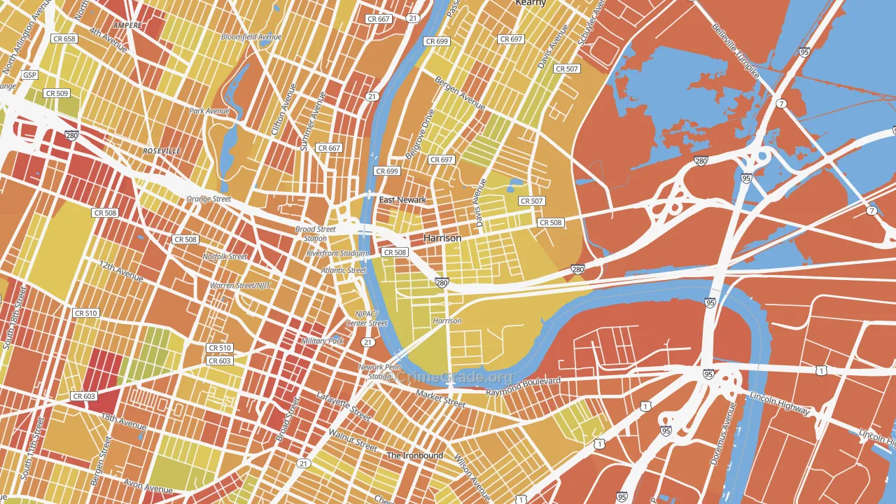Harrison, NJ Map of Vehicle Theft Rates