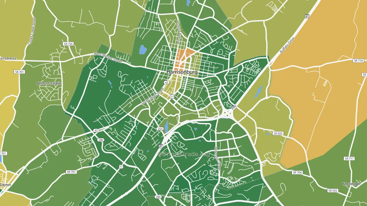 Harrisonburg City, VA Map of Vehicle Theft Rates