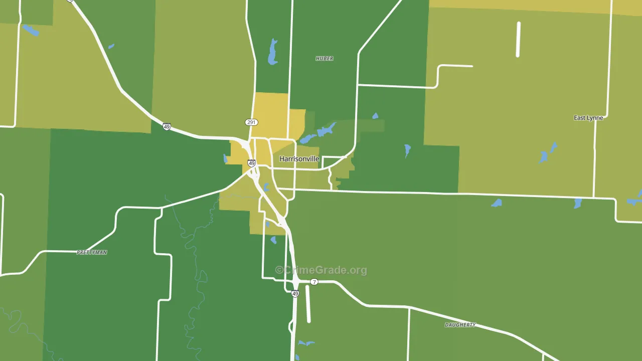 Harrisonville, MO Map of Vehicle Theft Rates