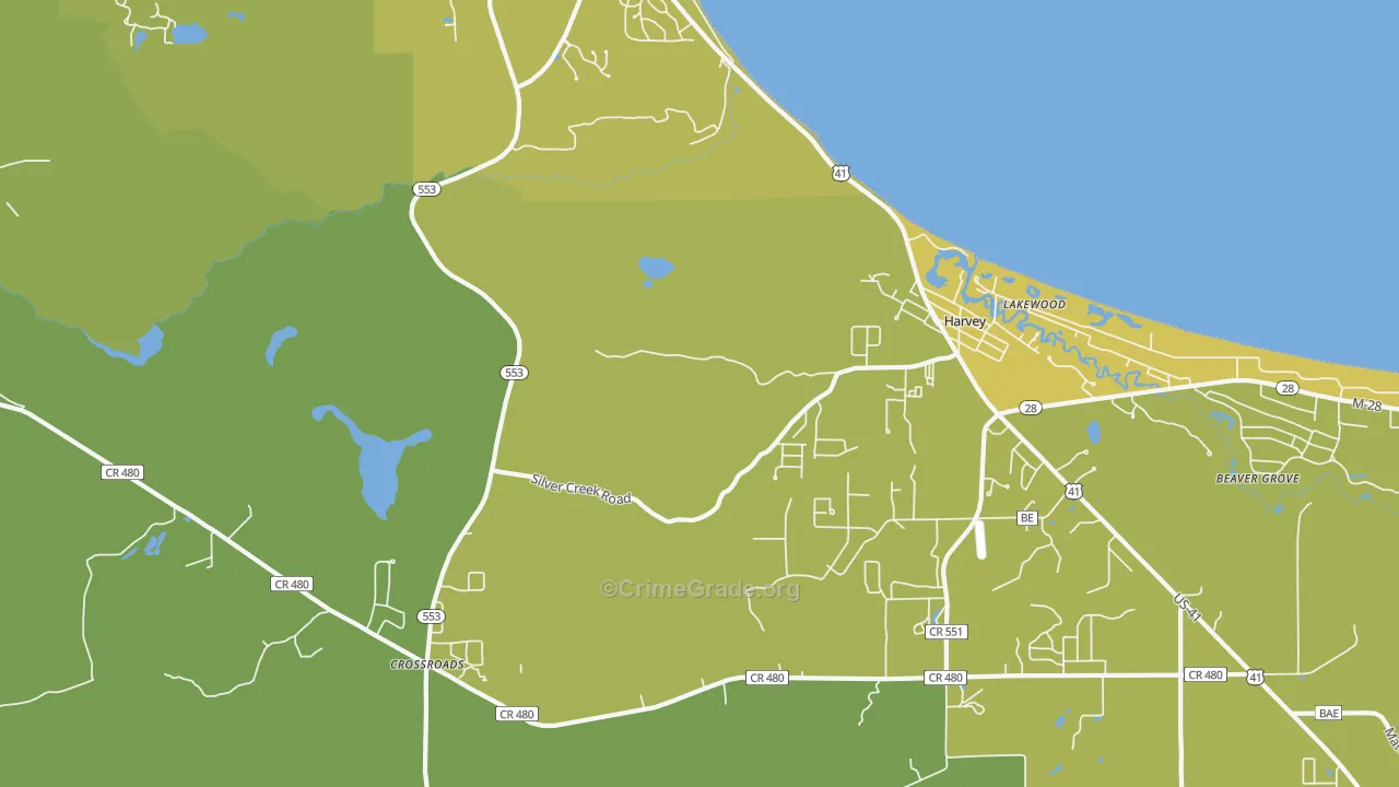 Harvey, MI Map of Vehicle Theft Rates