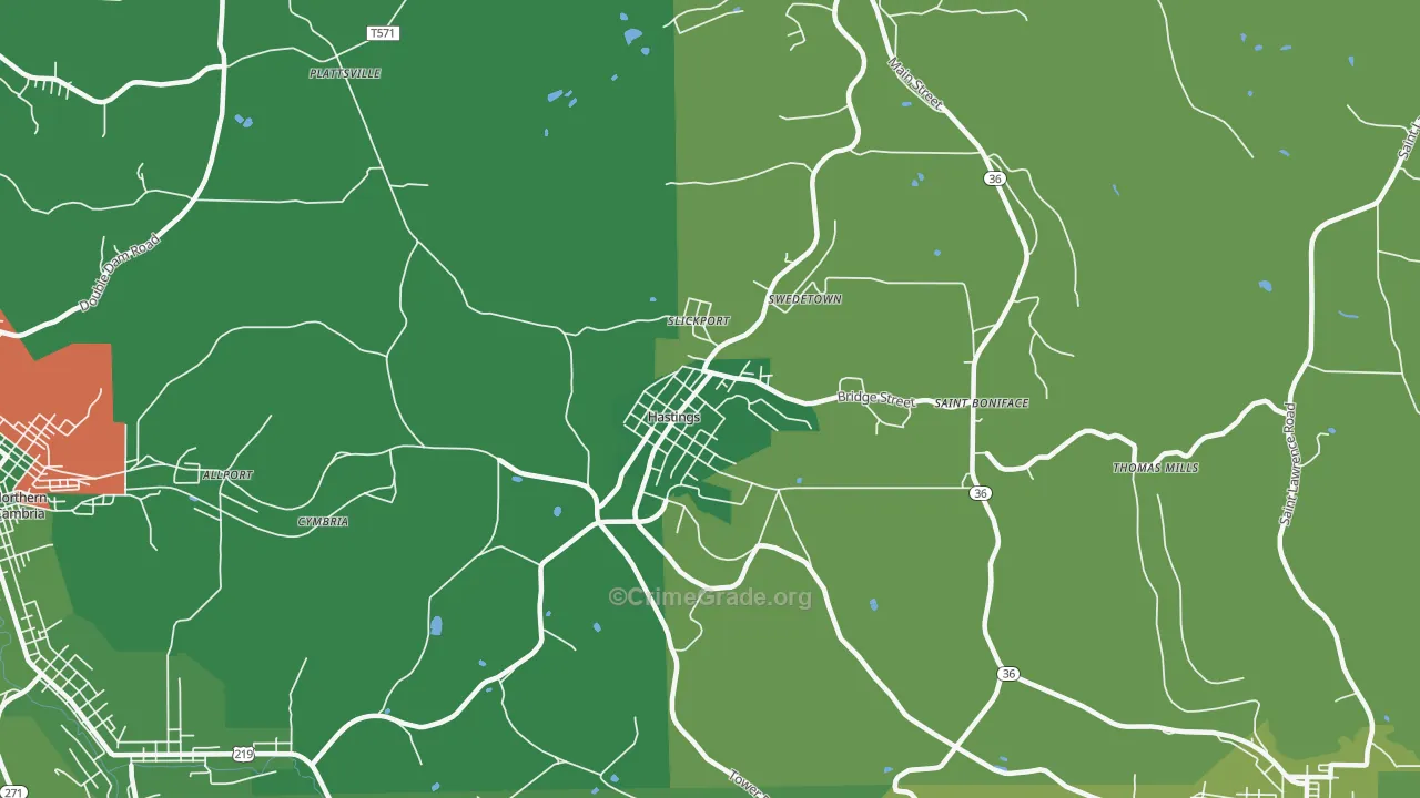 Hastings, PA Map of Vehicle Theft Rates