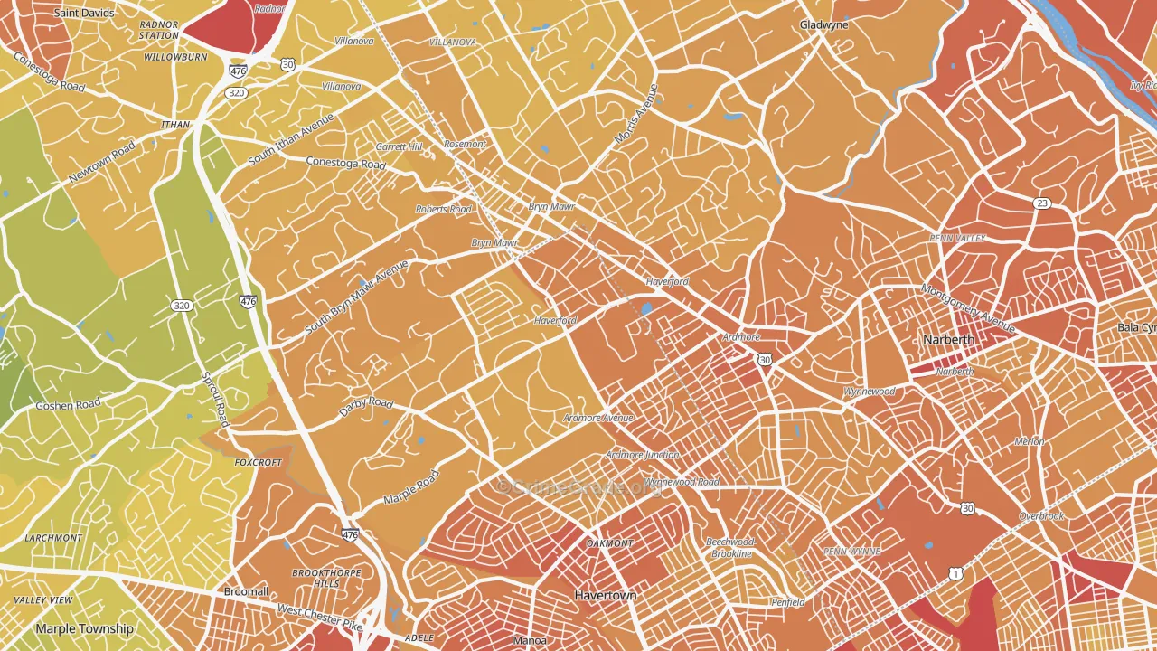Haverford, PA Map of Vehicle Theft Rates