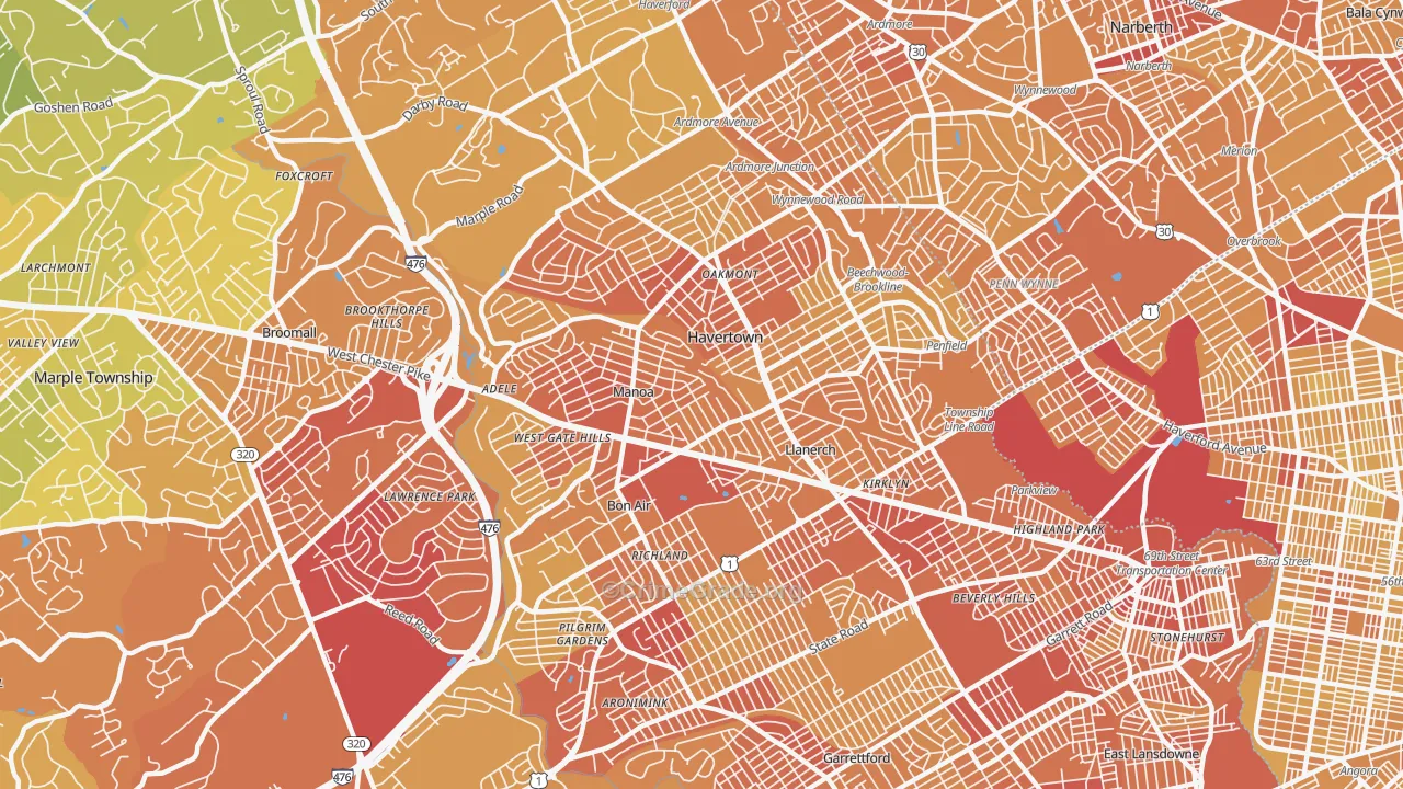 Havertown, PA Map of Vehicle Theft Rates