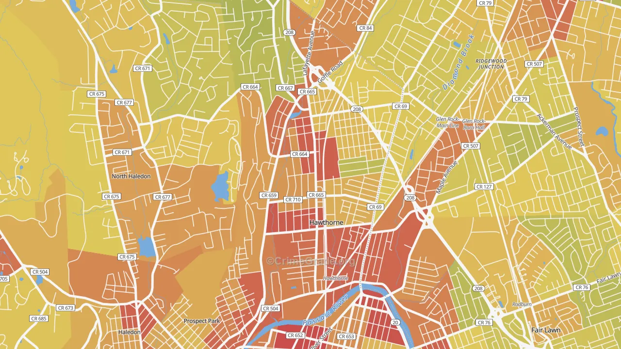 Hawthorne, NJ Map of Vehicle Theft Rates