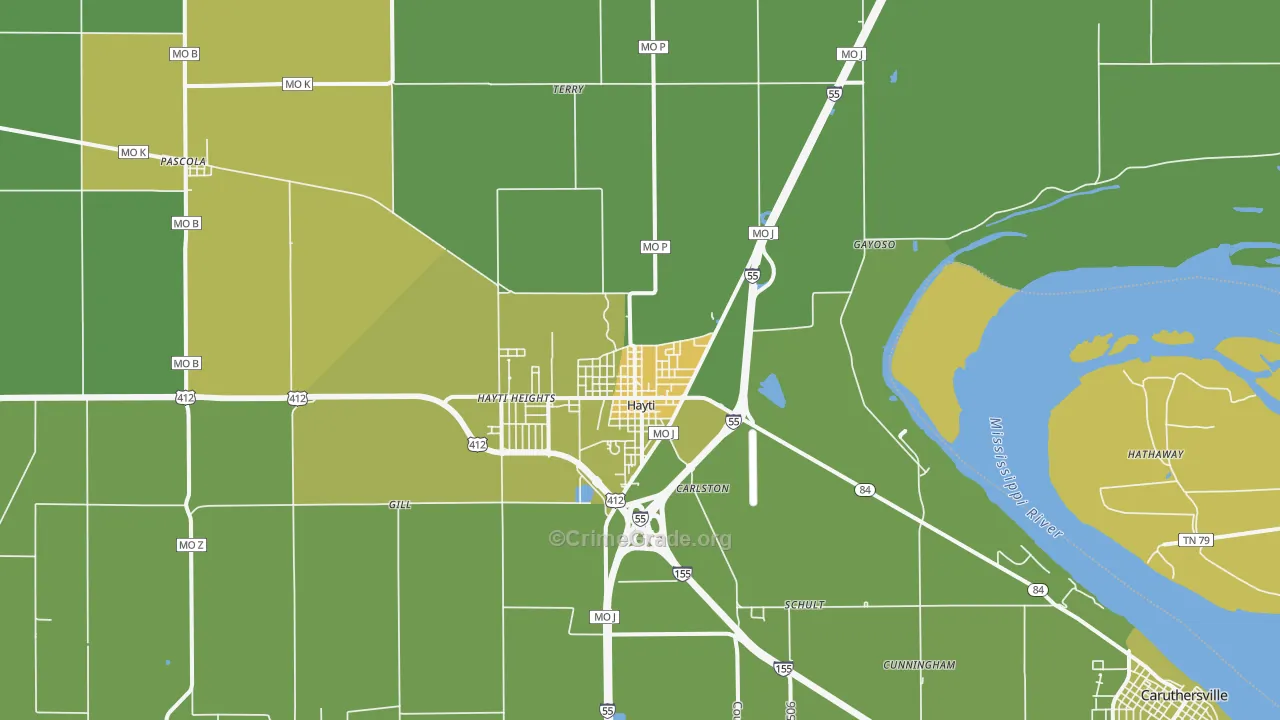 Hayti, MO Map of Vehicle Theft Rates