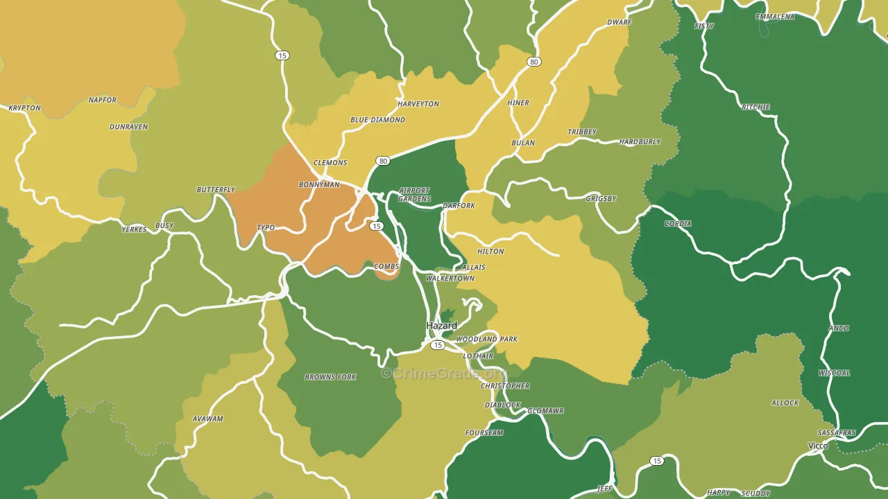 Hazard, KY Map of Vehicle Theft Rates