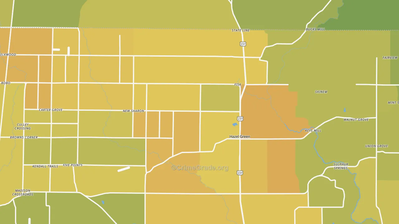Hazel Green, AL Map of Vehicle Theft Rates
