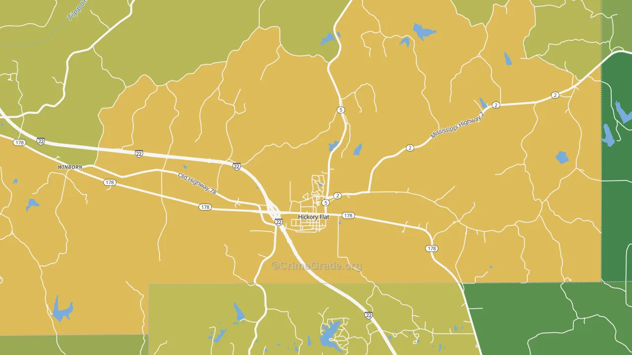 Hickory Flat, MS Map of Vehicle Theft Rates