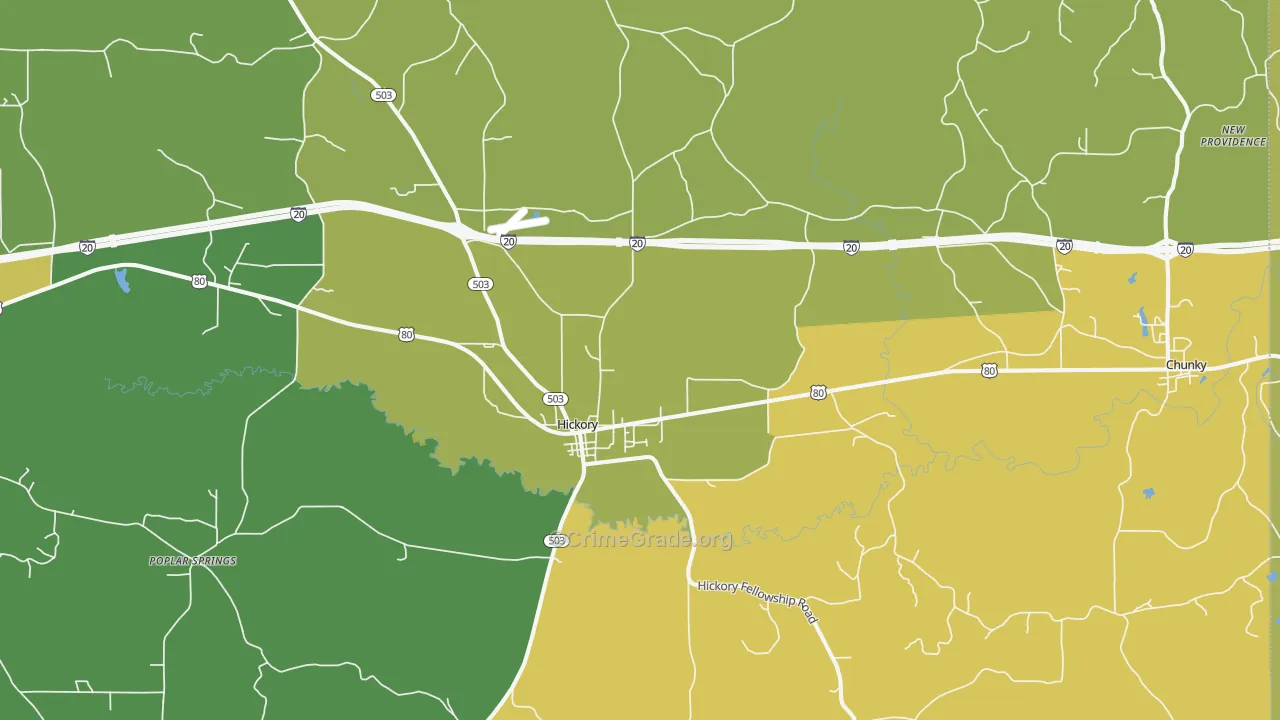 Hickory, MS Map of Vehicle Theft Rates