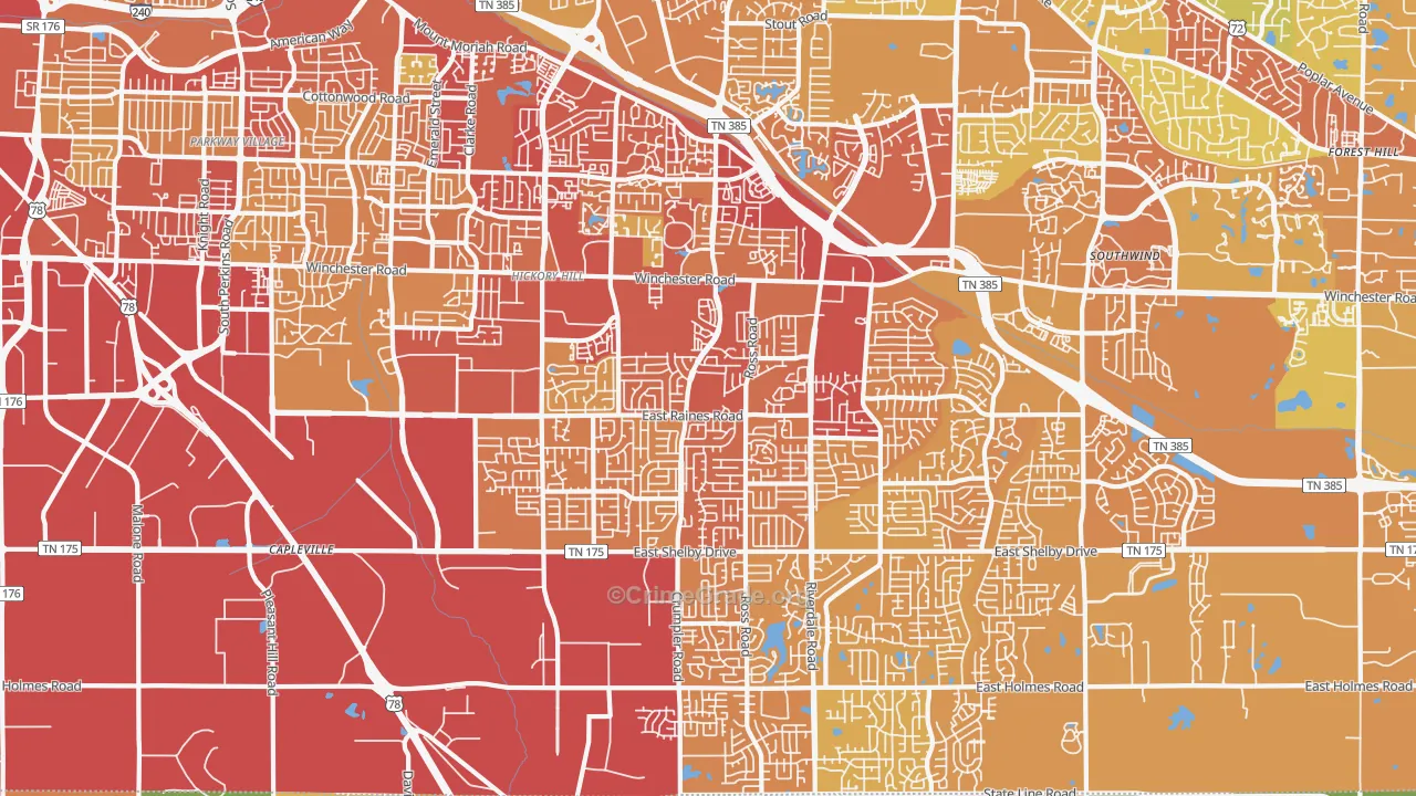 Hickory Ridge-South Riverdale, Memphis, TN Map of Vehicle Theft Rates