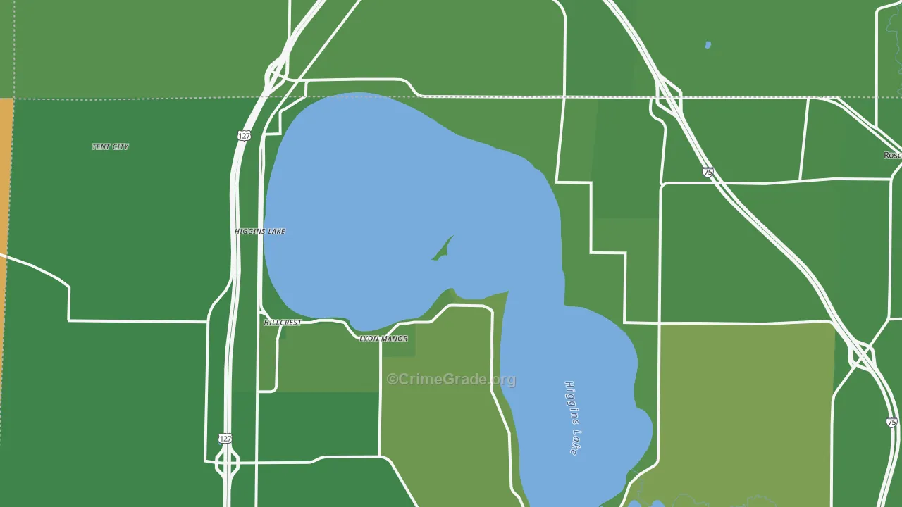 Higgins Lake, MI Map of Vehicle Theft Rates