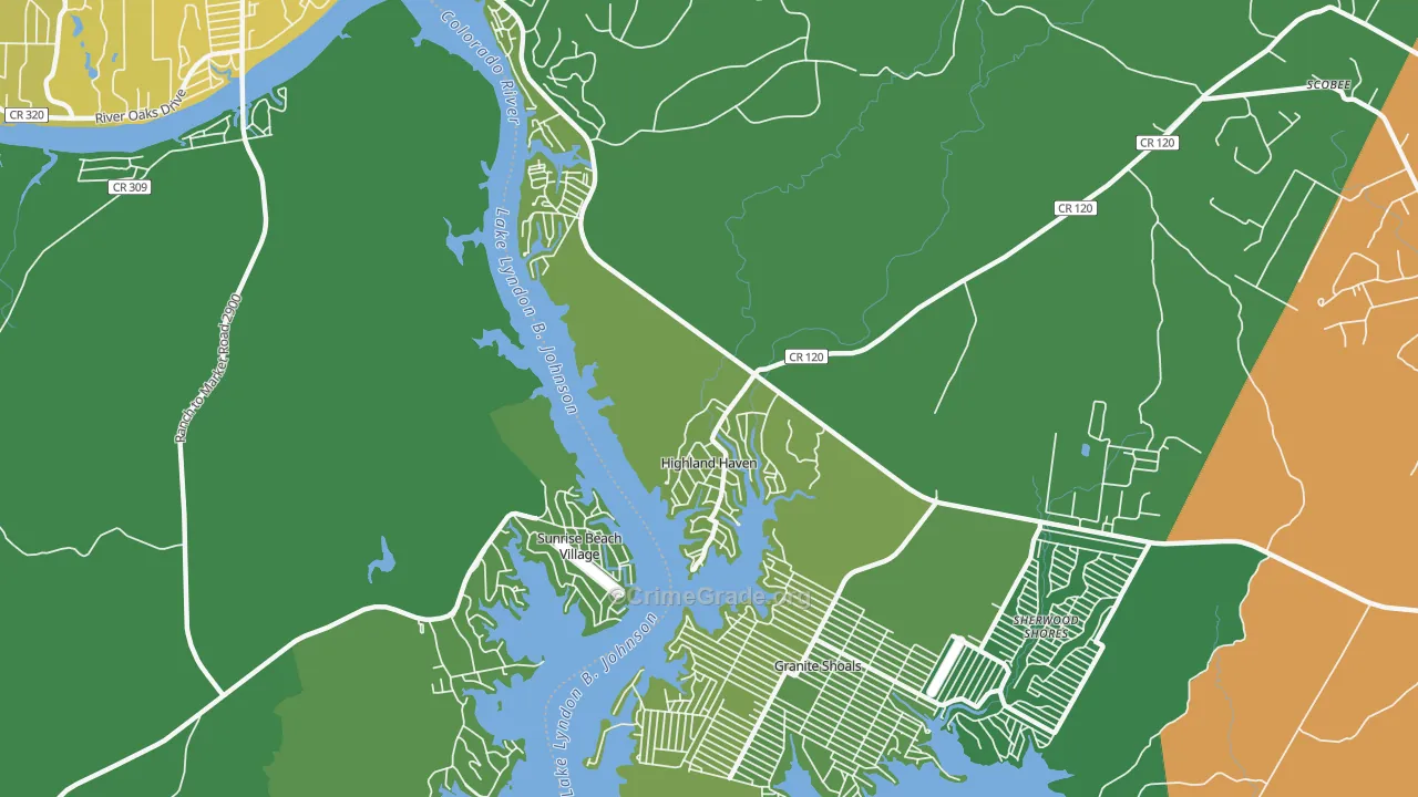 Highland Haven, TX Map of Vehicle Theft Rates