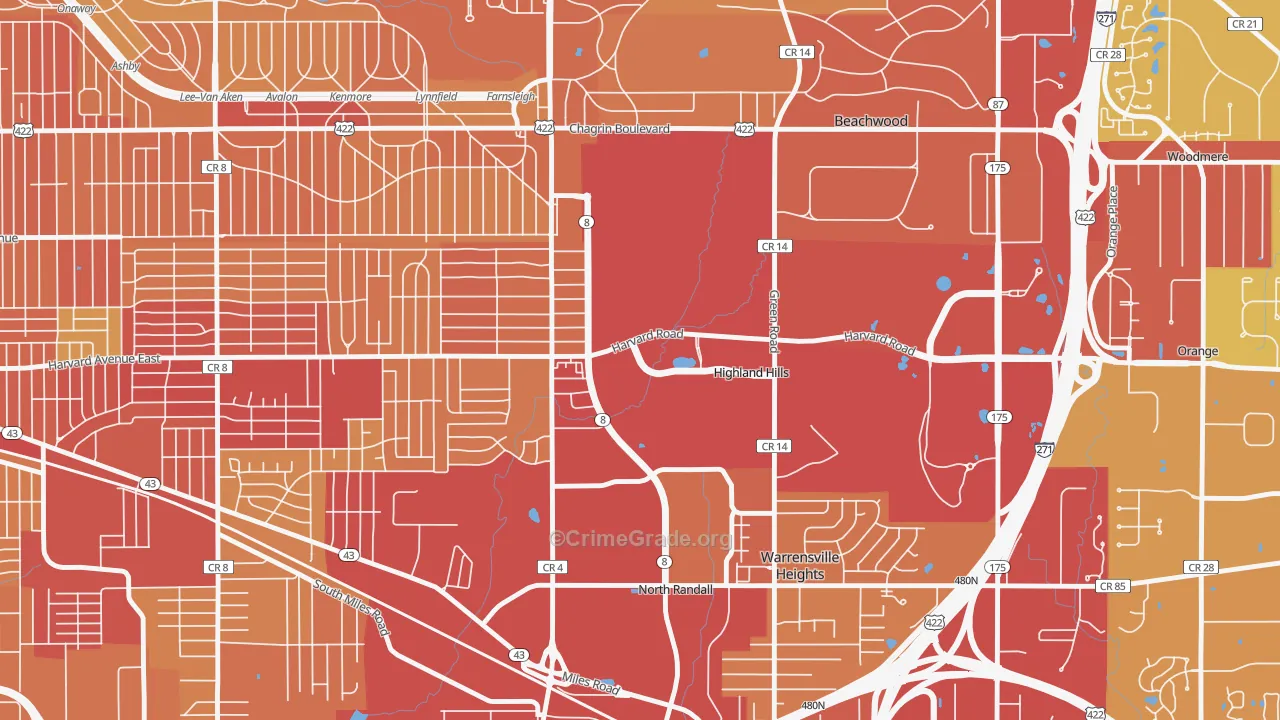 Highland Hills, OH Map of Vehicle Theft Rates