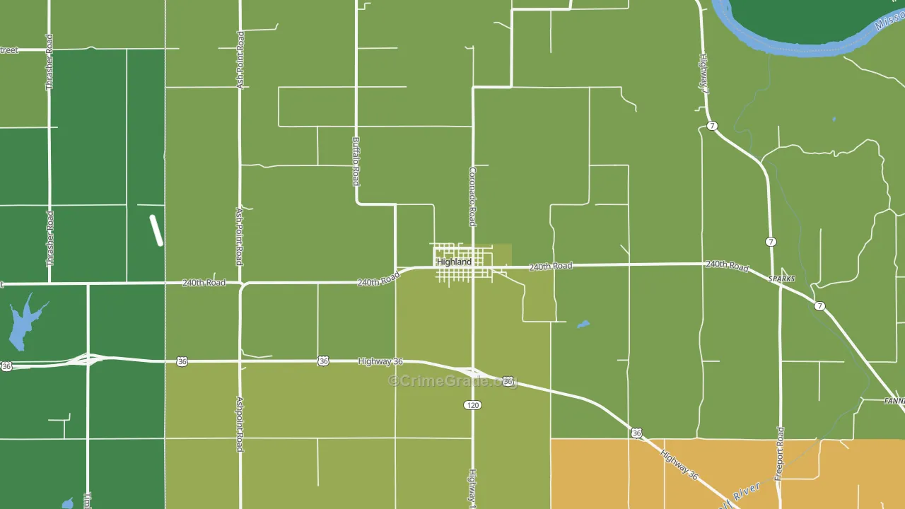 Highland, KS Map of Vehicle Theft Rates
