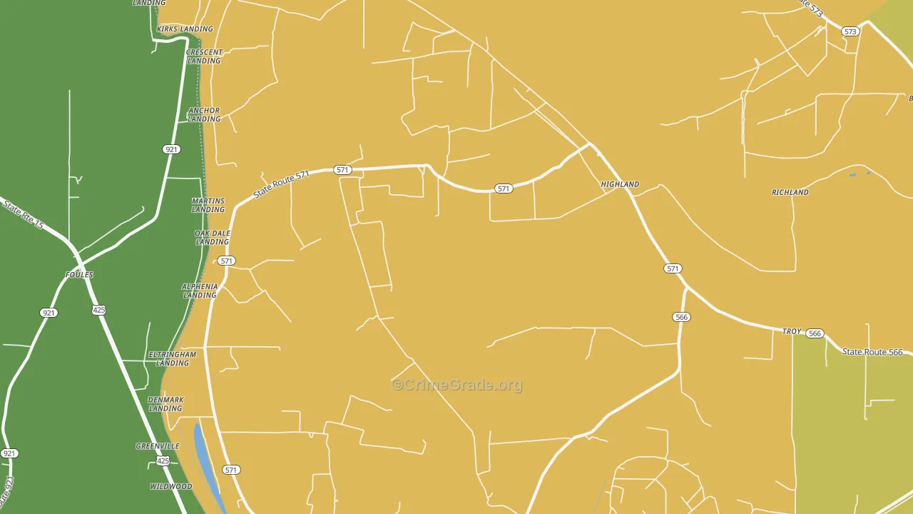 Highland, LA Map of Vehicle Theft Rates