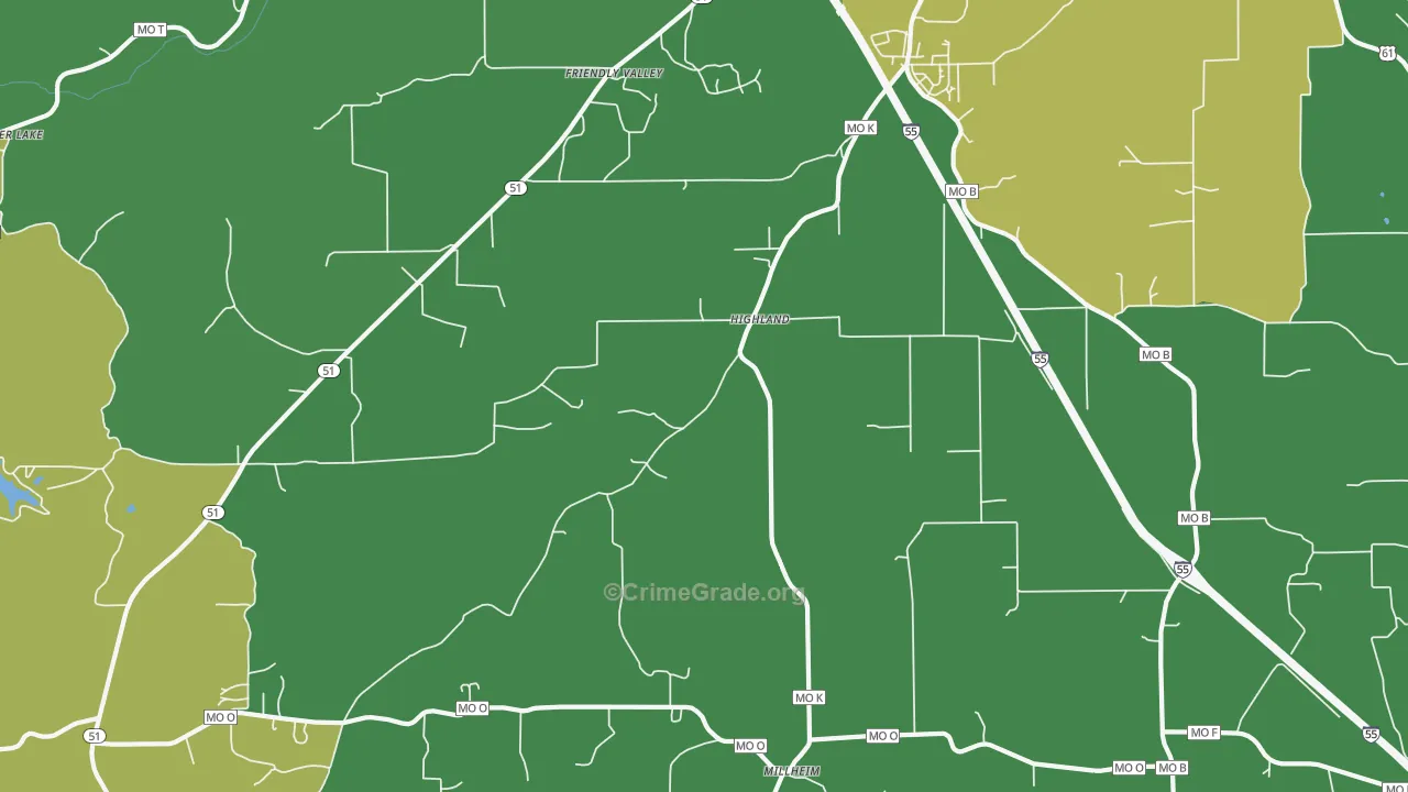 Highland, MO Map of Vehicle Theft Rates