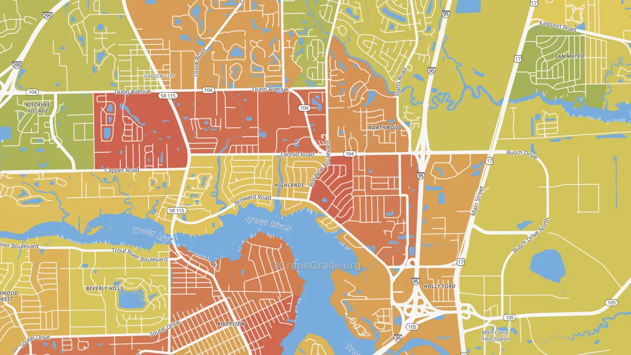 Highlands, Jacksonville, FL Map of Vehicle Theft Rates
