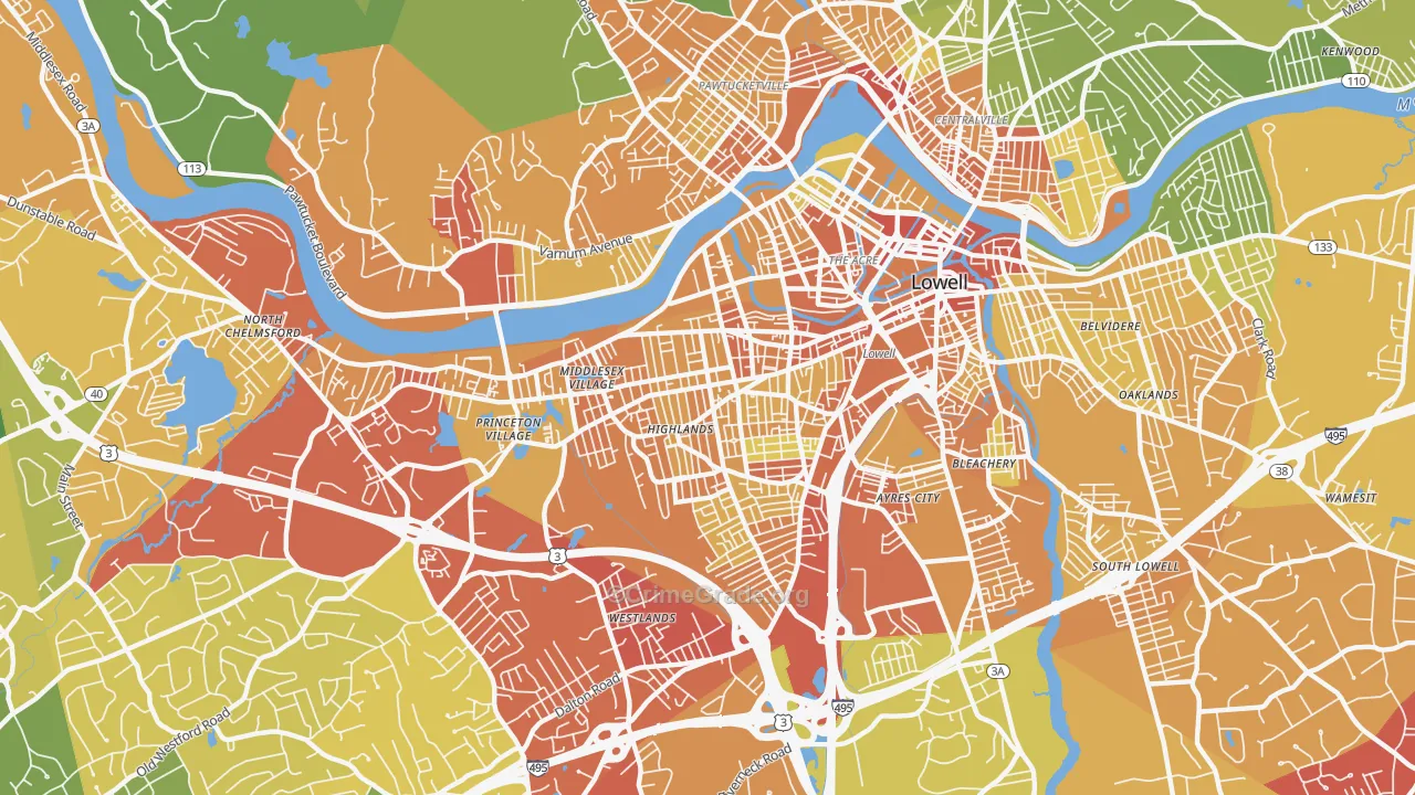 Highlands, Lowell, MA Map of Vehicle Theft Rates