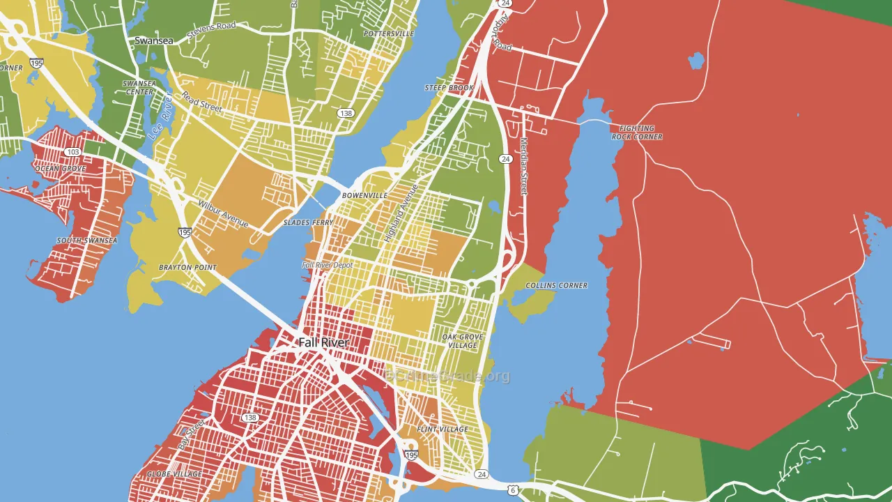 Highlands-Providence, Fall River, MA Map of Vehicle Theft Rates