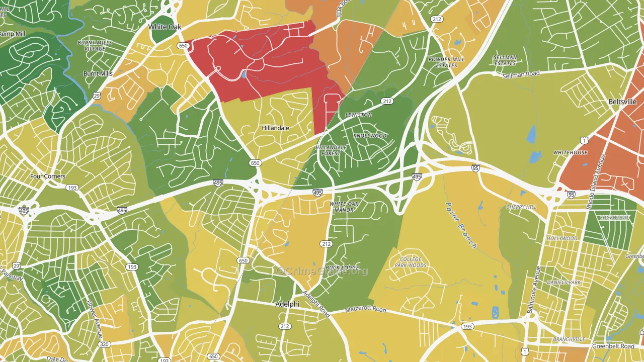 Hillandale, Silver Spring, MD Map of Vehicle Theft Rates