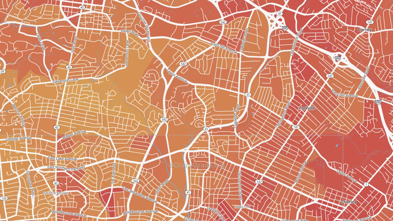 Hillendale, Parkville, MD Map of Vehicle Theft Rates