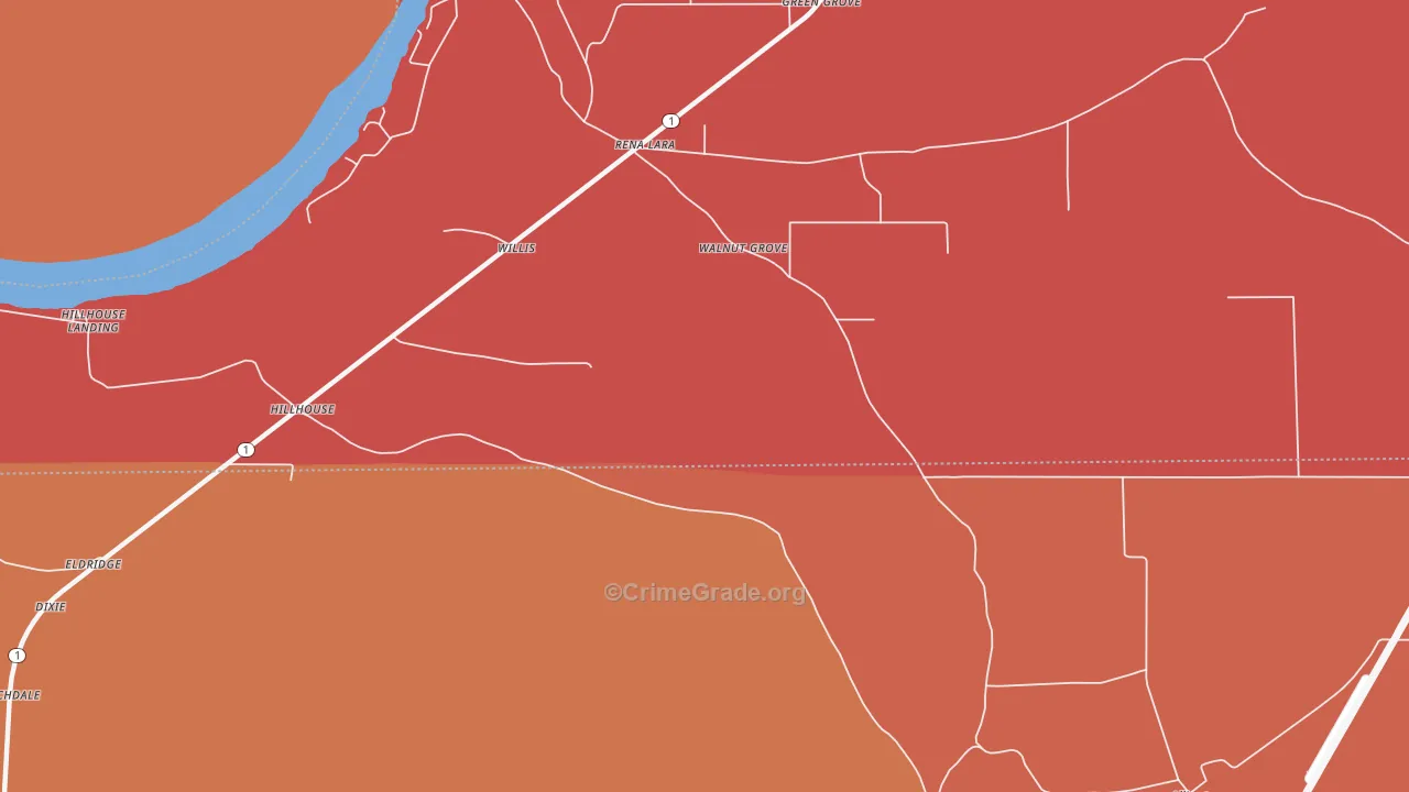 Hillhouse, MS Map of Vehicle Theft Rates