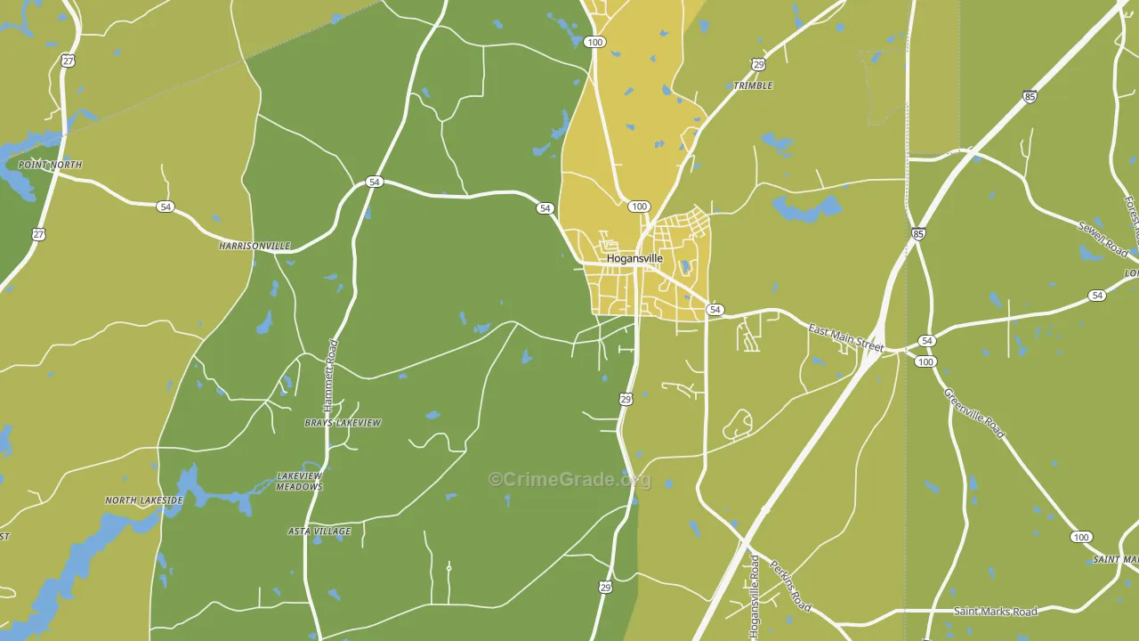 Hogansville, GA Map of Vehicle Theft Rates