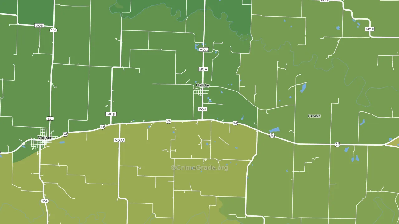 Holliday, MO Map of Vehicle Theft Rates