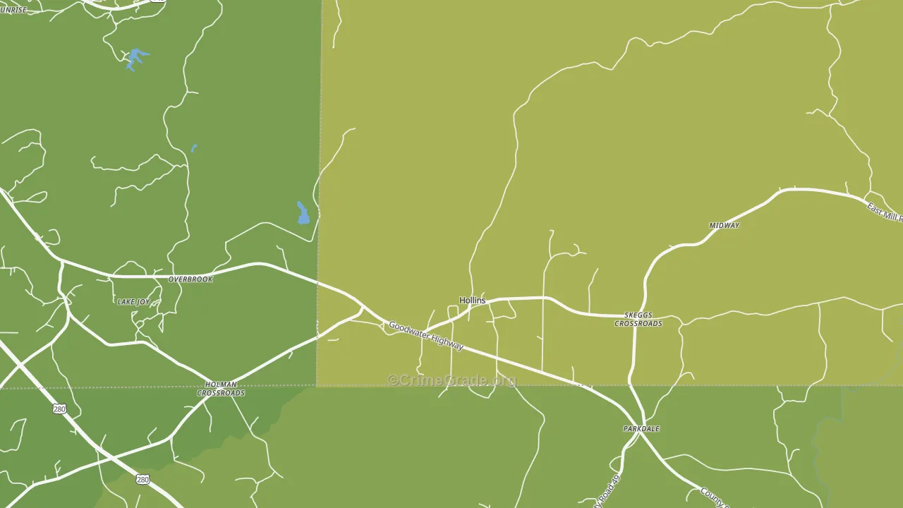 Hollins, AL Map of Vehicle Theft Rates