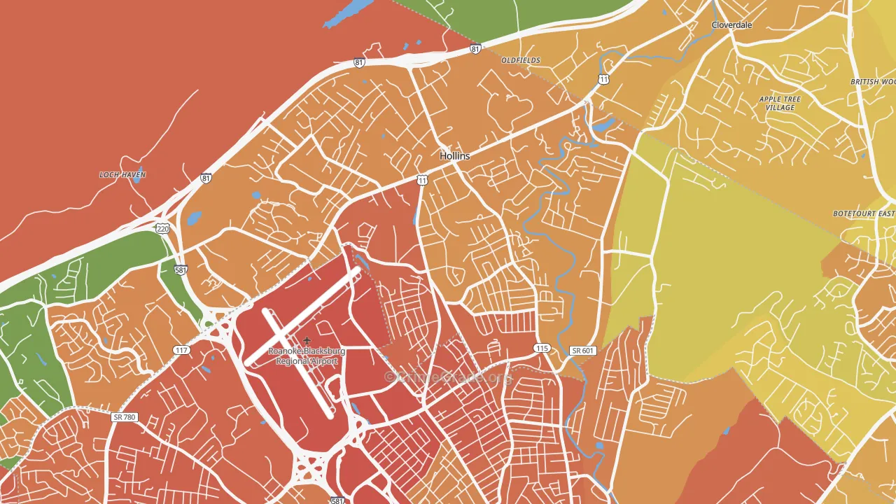 Hollins, VA Map of Vehicle Theft Rates