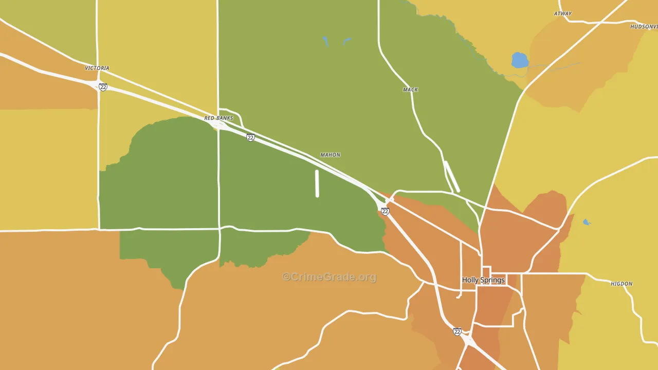 Holly Springs, MS Map of Vehicle Theft Rates