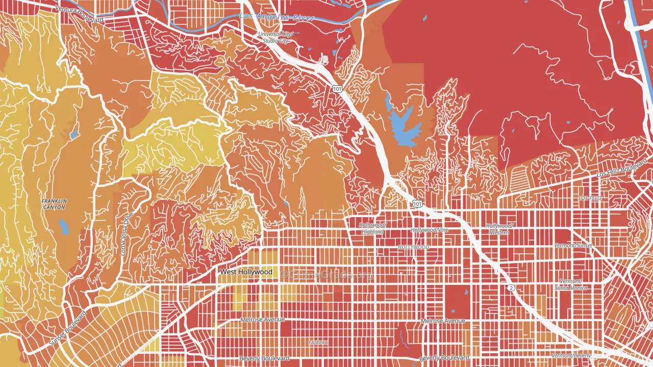 Hollywood Hills, Los Angeles, CA Map of Vehicle Theft Rates